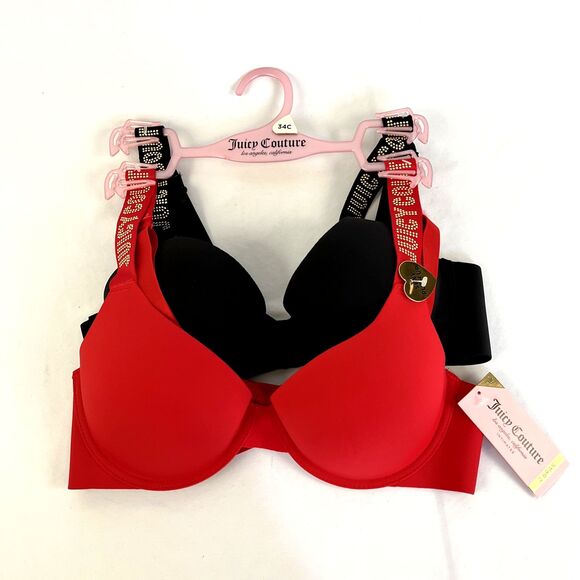 New 2 Pack Set Juicy Couture Intimates Sexy Push Up Bra NWT Red Black Sz 34C $48 - Picture 1 of 5